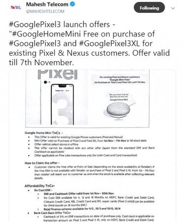Google to offer Home Mini smart speaker free with Pixel 3 and Pixel 3 XL phones in India. Google, Pixel 3, Home Mini, free, Pixel 3 XL, India, sale, price