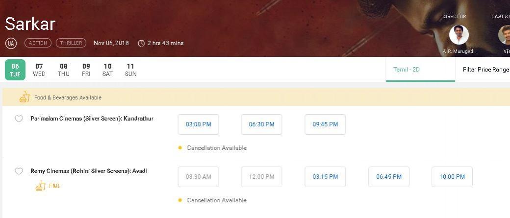 A screen shot of pre-booking of Sarkar taken from BookMyShow. Sarkar Advance Booking
