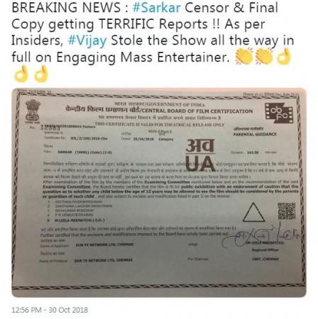 A screen shot of the post. Sarkar review from censor: Is it real or fake?