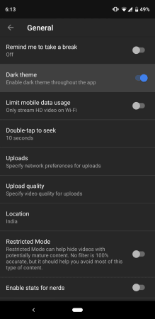 YouTube dark theme setting YouTube dark theme setting