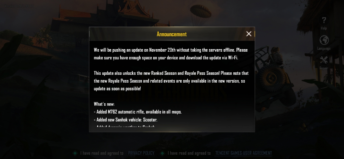 PUBG Mobile 0.9.5 update announcement