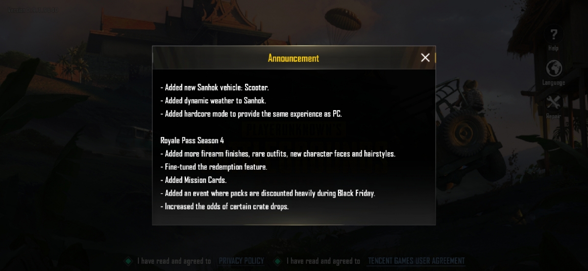 PUBG Mobile 0.9.5 update announcement