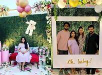 Ram Charan and Upasana with Sreeja and Kalyaan Dhev at baby shower ceremony