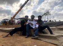 Jr NTR, SS Rajamouli and Ram Charan on RRR movie sets