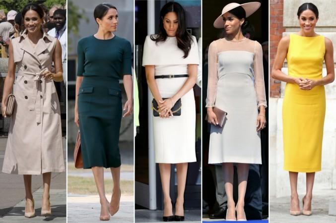 A combination of pictures created in London on July 30, 2018 shows a Britain's Meghan, Duchess of Sussex wearing outfits while attending events and engagements in the months following her wedding to Prince Harry: (Full L-R) at the Southbank Centre in London on July 17, 2018; in Dublin on July 10, 2018; observing a moment of silence in memory of the victims of the Grenfell Tower fire disaster during a visit to Chester on June 14, 2018; at the Prince of Wales's 70th Birthday Garden Party at Buckingham Palace on her first official engagement as the Duchess of Sussex on May 22, 2018 and at Marlborough House in London on July 5, 2018 Meghan Markle fashion choices