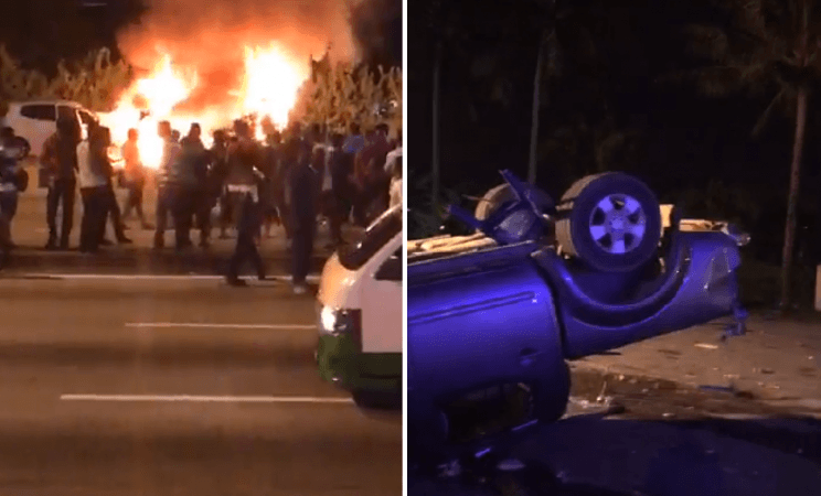 Vehicles set on fire due to the riots that took place in Sri Maha Mariamman temple in Subang Jaya, Malaysia Vehicles set on fire due to the riots that took place in Sri Maha Mariamman temple in Subang Jaya, Malaysia
