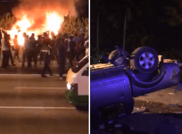 Vehicles set on fire due to the riots that took place in Sri Maha Mariamman temple in Subang Jaya, Malaysia