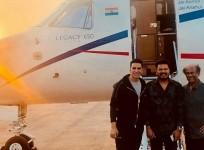 Superstars Rajinikanth and Akshay Kumar and director Shankar in Hyderabad