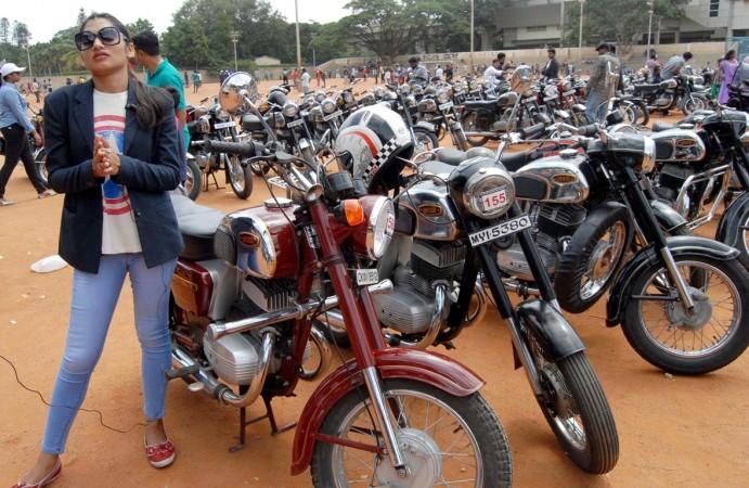 Jawa and Yezdi motorbikes on display at the National College Grounds on 13th International Jawa Yezdi Day in Bengaluru, on July 12, 2015. Yezdi Jawa