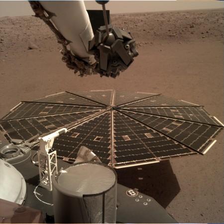 One of two Mars InSight's 7-foot (2.2 meter) wide solar panels was imaged by the lander's Instrument Deployment Camera, which is fixed to the elbow of its robotic arm NASA InSight