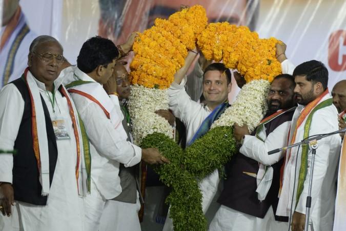 Indian Congress party members felicitate their president Rahul Gandhi (C) on the occasion of Rajiv Gandhi Sadbhavana Yatra commemoration day in Hyderabad on October 20, 2018. rahul gandhi