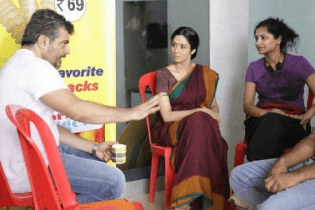 Ajith with Sridevi Kapoor and Gauri Shinde during the shooting of Aangilam Vangalam. Ajith with Sridevi Kapoor