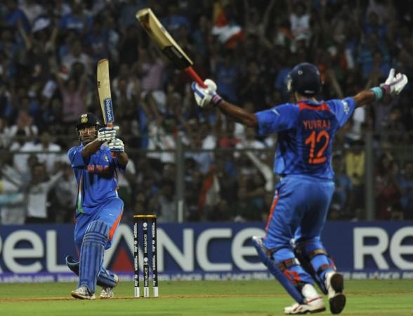 The winning moment of the 2011 Cricket World Cup. MS Dhoni Yuvraj Singh India cricket team 2011 Cricket World Cup