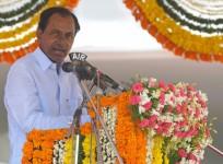 Newly-formed Telangana state's first Chief Minister K. Chandrasekhar Rao delivers his address during the state's Formation Day celebrations