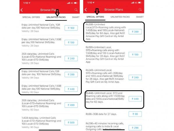 Airtel changes the data benefits on Rs 399 and Rs 448 internet packs. Airtel, 4G Internet pack, Airtel unlimited data pack, Rs 399 data pack, Rs 448 data pack