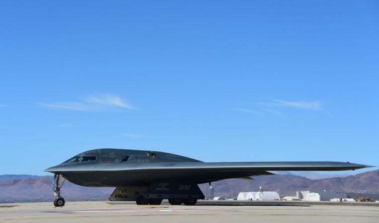 A B-2 Stealth Bomber pulls up on the runway after landing at the Palmdale Aircraft Integration Center of Excellence in Palmdale, California B-2 Bomber