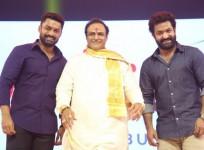 Nandamuri Kalyan Ram with his uncle Balakrishna and brother Jr NTR at the pre-release event of NTR: Kathanayakudu