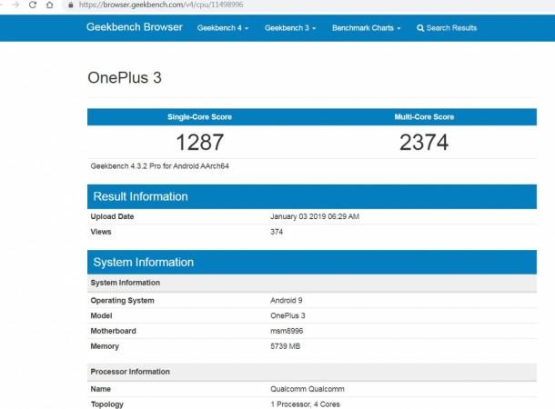 OnePlus 3 Android Pie testing on Geekbench. OnePlus 3, Android Pie, Geekbench
