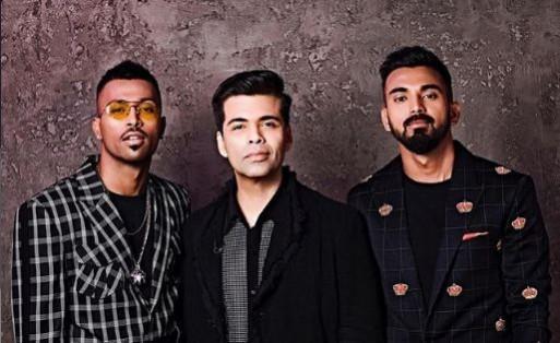 Karan Johar (M) with Hardik Pandya (L) and KL Rahul (R) Koffee With Karan KL Rahul Hardik Pandya