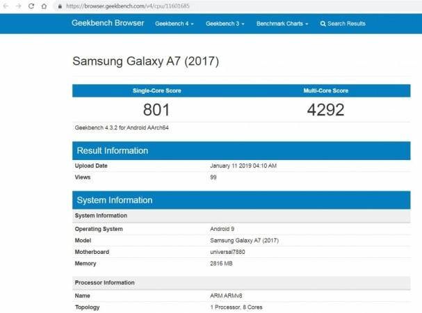 Samsung Galaxy A7 (2017) with Android Pie spotted on Geekbench performance testing website. Samsung, Galaxy A7, 2017, Android Pie,