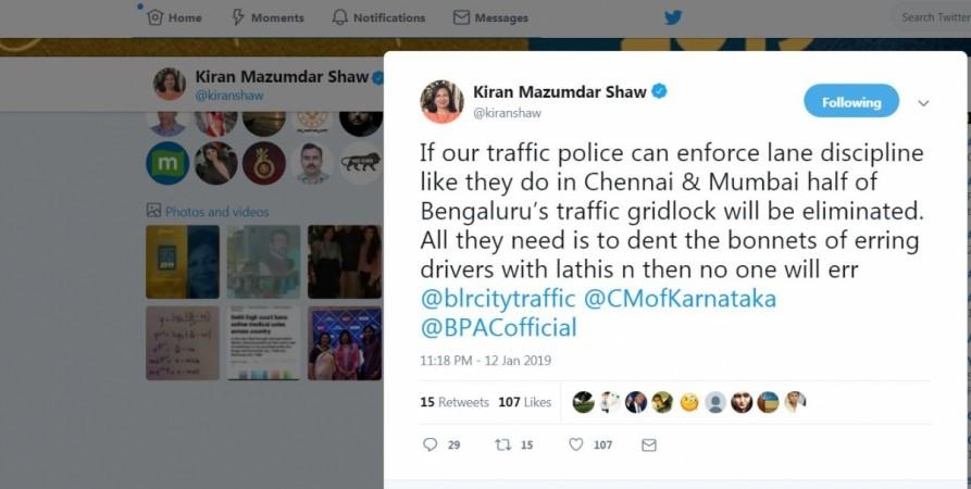 Kiran Mazumdar Shaw wants Bengaluru Traffic Police to damage car's bonnet to enforce lane discipline Kiran Mazumdarr Shaw, Twitter, Bengaluru Traffic