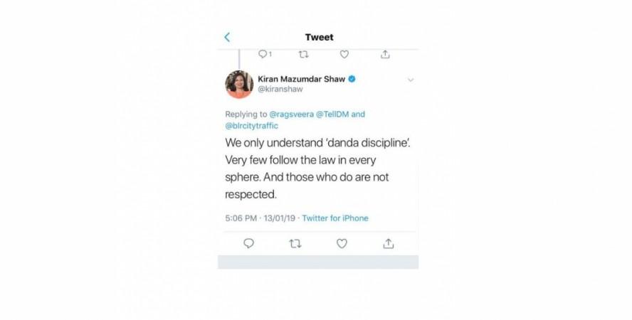 Kiran Mazumdar Shaw defended her Twitter suggestion insisting that Indians only understand 'Danda' (Lathi or Stick) discipline to enforce a law. Kiran Mazumdar Shaw, Twitter, Bengaluru Police