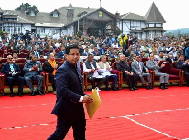 Conrad Sangma, president of the National Peoples Party (NPP) and backed by the Bharatiya Janata Party (BJP), attends a swearing-in ceremony as chief minister of Meghalaya state at the Governor House in Shillong on March 6, 2018. The Bharatiya Janata Party (BJP) is celebrating strong electoral advances in India's northeast region ahead of the national election in 2019. Conrad Sangma