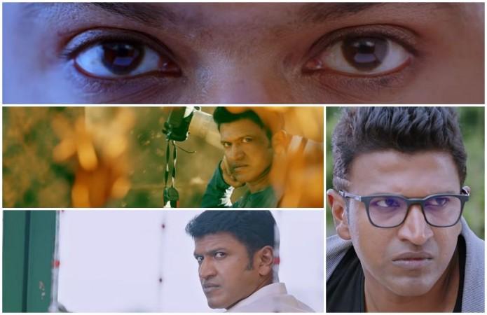 A collage of screen shots of Puneeth Rajkumar taken from Natasarva Bhouma trailer. Natasarvabhouma