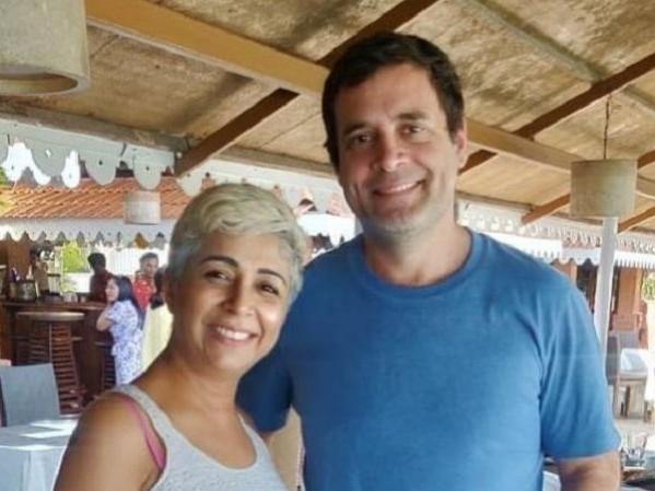 Rahul Gandhi poses with a Goa based dentist, Rachna Fernandes while lunching at a restaurant in South Goa on Sunday Rahul Gandhi