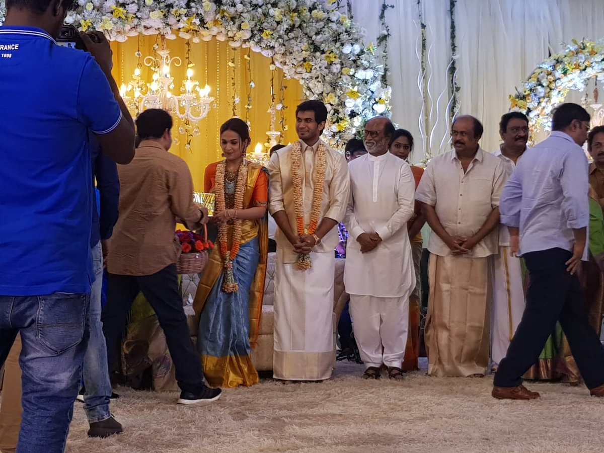 A picture of Soundarya Rajinikanth's wedding reception with Vishagan Vanangamudi. Soundarya Rajinikanth's Wedding Reception