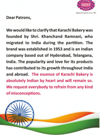 Official statement issued by Karachi Bakery. Karachi Bakery