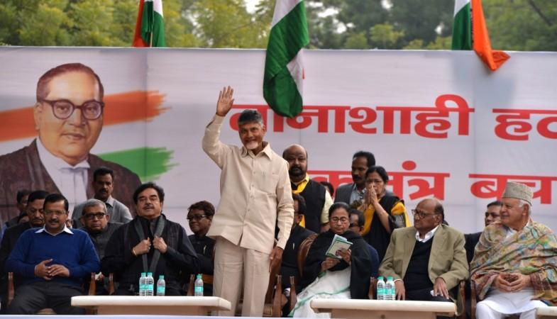 Andhra Pradesh Chief Minister and TDP supremo N. Chandrababu Naidu waves at the crowd during a sit-in protest against the central government at Jantar Mantar, in New Delhi, on Feb 13, 2019. chandrababu naidu