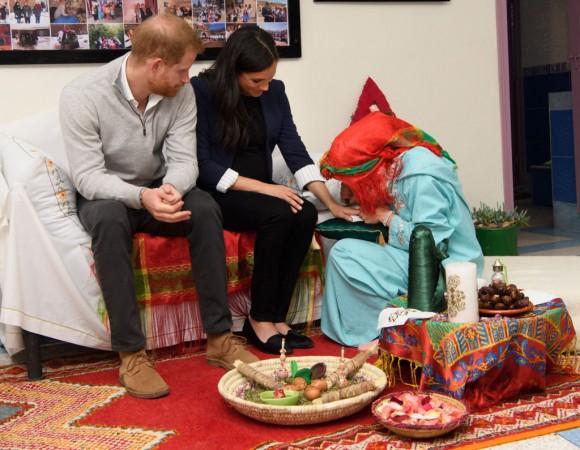 Meghan, Duchess of Sussex attends a Henna ceremony as she visits a boarding house in the town of Asni. Meghan Markle