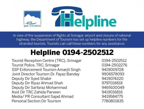 The Department of Tourism, J&K has made available the helpline numbers for tourists stuck in Kashmir after temporary halt in air services Tourist helpline number