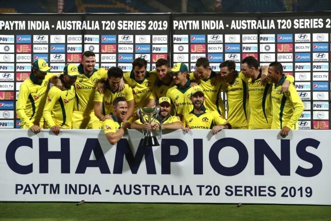 Australia with the T20 series trophy. India vs Australia