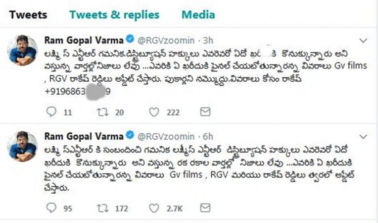 The screenshot of Ram Gopal Varma's tweets on Lakshmi's NTR The screenshot of Ram Gopal Varma's tweets on Lakshmi's NTR