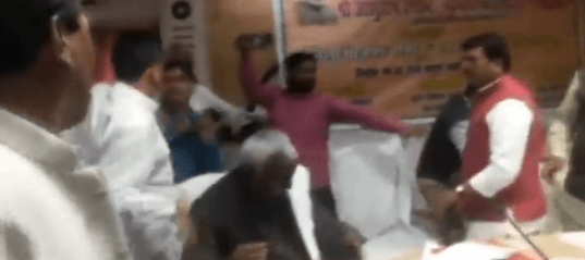 BJP MP Sharad Tripathi and party MLA Rakesh Singh exchanging blows at a party meeting in Uttar Pradesh. Rakesh Singh sharad tripathi
