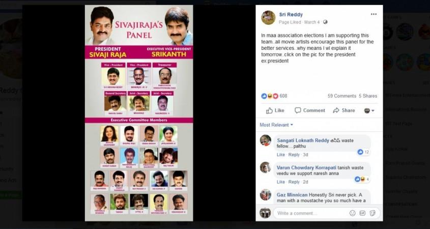 A screenshot of Sri Reddy's Facebook post A screenshot of Sri Reddy's Facebook post
