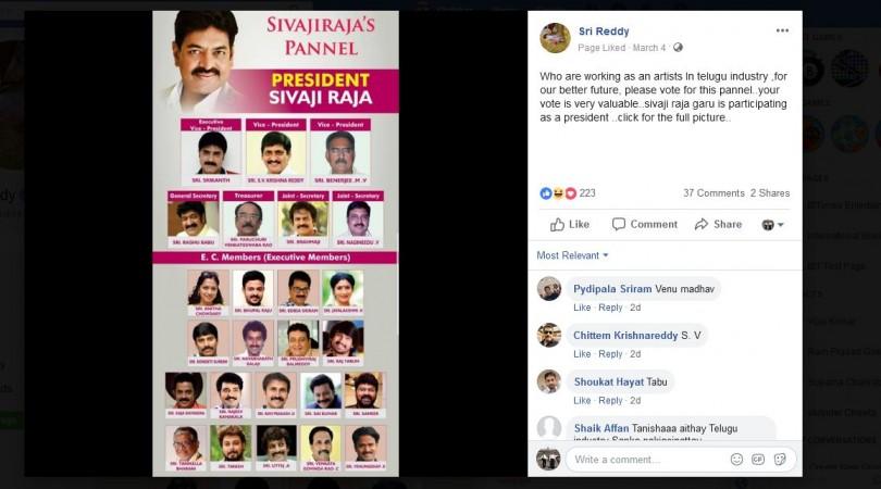 A screenshot of Sri Reddy's Facebook post A screenshot of Sri Reddy's Facebook post