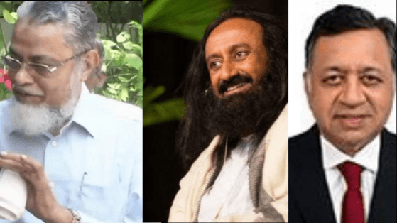 From left to right: Justice FM Kalifulla, Sri Sri Ravi Shankar and Advocate Sriram Panchu. FM Kalifulla, Sri Sri Ravi Shankar Advocate Sriram Panchu