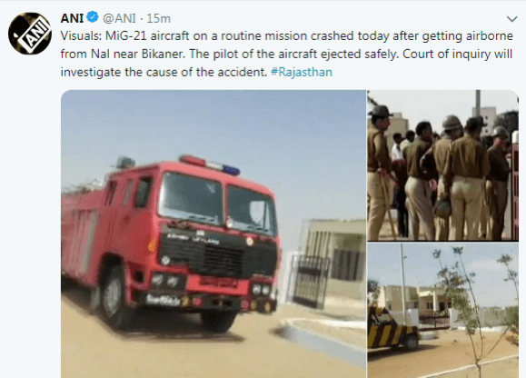A fire tender being rushed to the site of the MiG-21 crash. Twitter/ANI MiG-21 crash