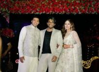 Allu Arjun with actor Arya and actress Sayyeshaa Saigal at their Sangeeth ceremony