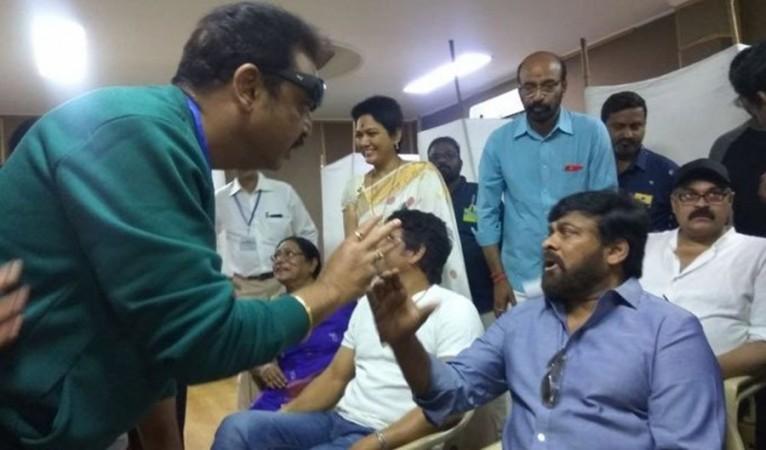 Actor Naresh talking to Chiranjeevi at MAA elections 2019 Actor Naresh talking to Chiranjeevi at MAA elections 2019