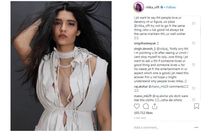 A screen shot of the picture of Ritika Singh's bold photo with the reaction from her followers. Ritika Singh Looking Hot