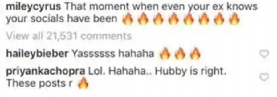 Priyanka Chopra comments on Miley Cyrus' Instagram post Priyanka Chopra, Miley Cyrus
