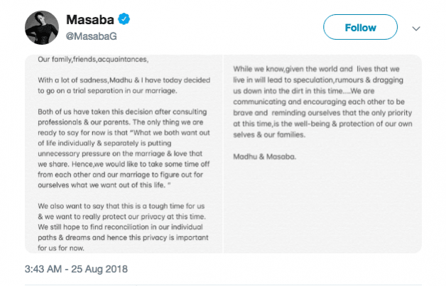 Masaba Gupta tweet on her separation in 2018. Masaba Gupta tweet on her separation in 2018