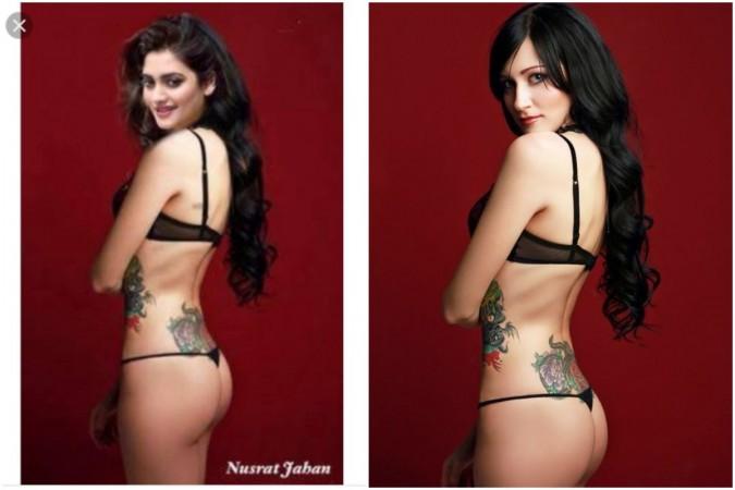 Morphed photo of Nusrat Jahan being spread after TMC announces her election candidature. Fake picture (left) Real picture (right). Morphed photo of Nusrat Jahan being spread after TMC announces her election candidature