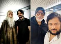 Amitabh Bachchan with Kichcha Sudeep and director Surender Reddy on Chiranjeevi's Sye Raa sets