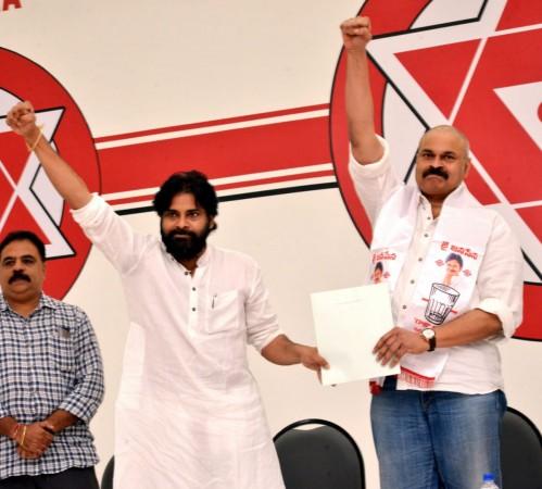 Pawan Kalyan inducts his brother Nagababu in to Jana Sena party Pawan Kalyan inducts his brother Nagababu in to Jana Sena party
