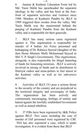 The Indian government's official statement on the ban on Jammu and Kashmir Liberation Front jk2